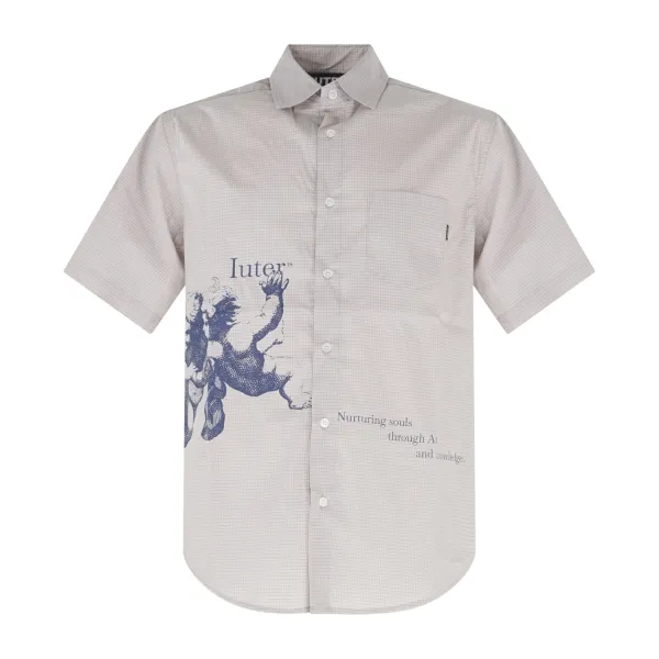 Iuter - Camicia beige maniche corte in cotone con stampa serigrafica per uomo |