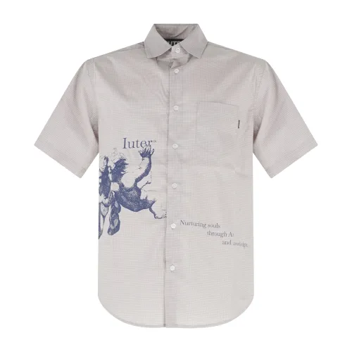 Iuter - Camicia beige maniche corte in cotone con stampa serigrafica per uomo |
