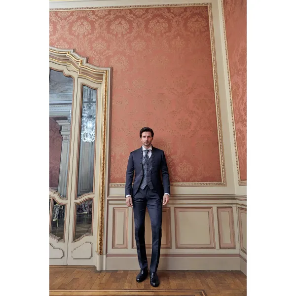 Lubiam 1911 Cerimonia - Abito coreano damascato blu per uomo | 