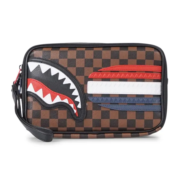 Sprayground - Borsa marrone con fantasia check all over e applicazione di bande