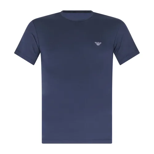 Emporio Armani - T-shirt blu manica corta con ricamo logo sul petto per uomo |