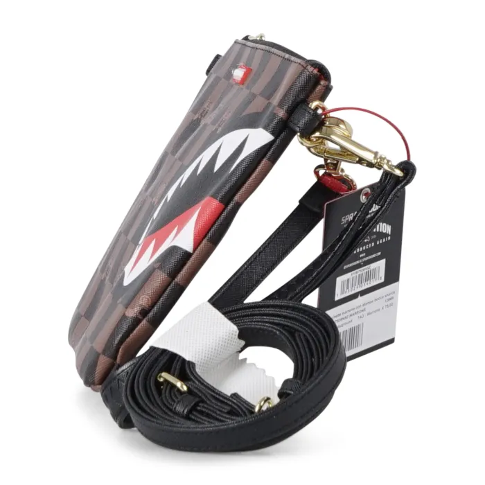 Sprayground - Pochette marrone con stampa bocca sharck tinta su tinta per uomo