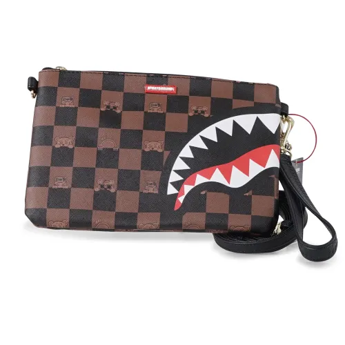 Sprayground - Pochette marrone con stampa bocca sharck tinta su tinta per uomo
