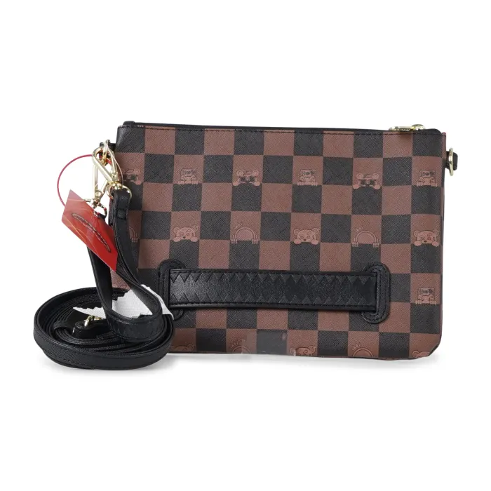 Sprayground - Pochette marrone con stampa bocca sharck tinta su tinta per uomo