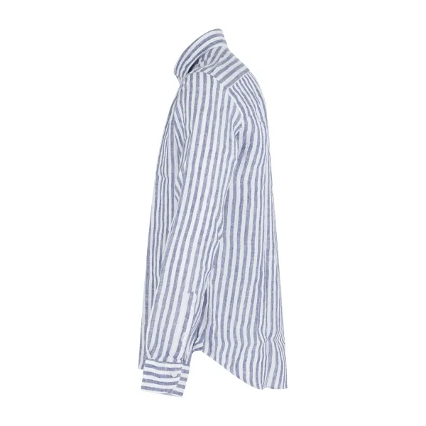 Lavorazione Sartoriale - Camicia bianca a righe blu in lino slim fit per uomo | 2