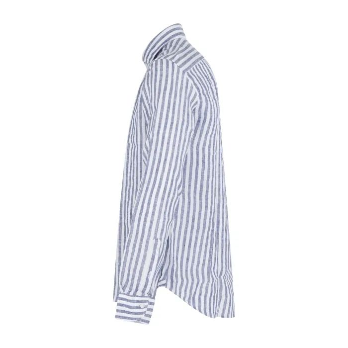 Lavorazione Sartoriale - Camicia bianca a righe blu in lino slim fit per uomo |