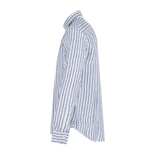 Lavorazione Sartoriale - Camicia bianca a righe blu in lino slim fit per uomo |