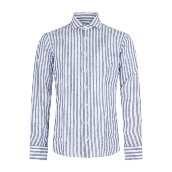Lavorazione Sartoriale - Camicia bianca a righe blu in lino slim fit per uomo |