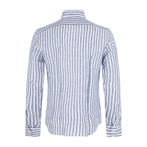Lavorazione Sartoriale - Camicia bianca a righe blu in lino slim fit per uomo |