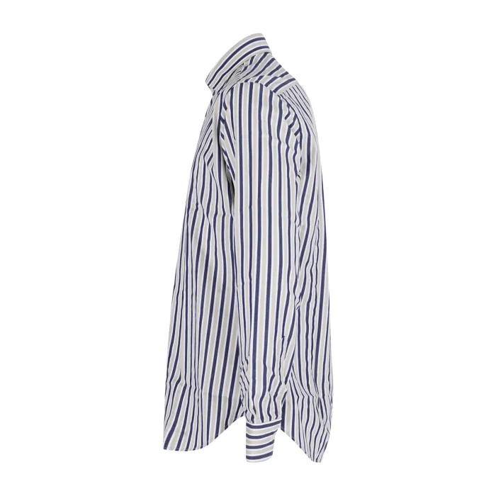 Lavorazione Sartoriale - Camicia beige a righe bianche e blu in cotone custom