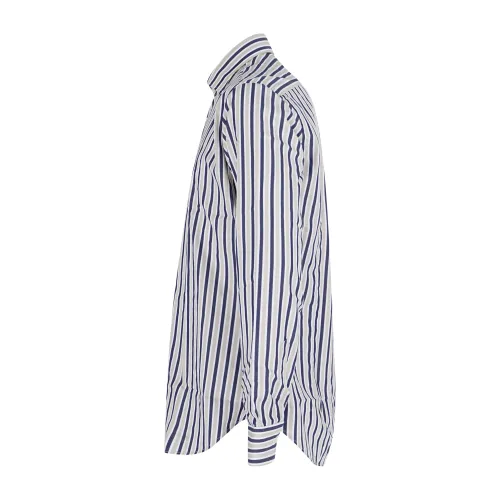 Lavorazione Sartoriale - Camicia beige a righe bianche e blu in cotone custom
