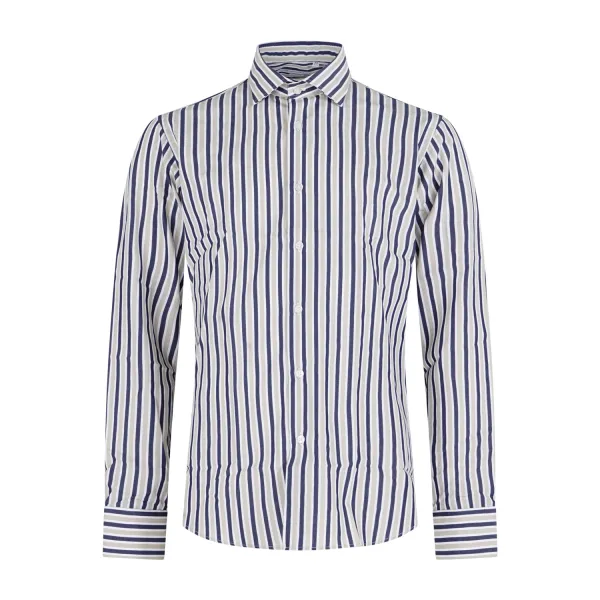 Lavorazione Sartoriale - Camicia beige a righe bianche e blu in cotone custom