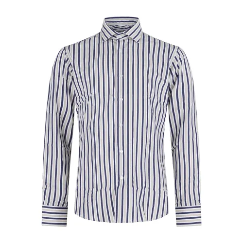 Lavorazione Sartoriale - Camicia beige a righe bianche e blu in cotone custom
