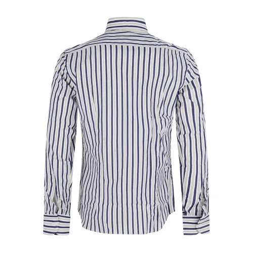 Lavorazione Sartoriale - Camicia beige a righe bianche e blu in cotone custom