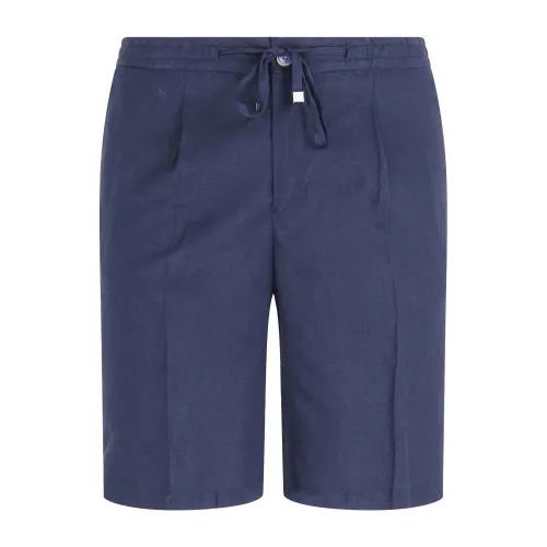 Barbati - Bermuda blu con elastico in vita e laccetti in lino e viscosa per