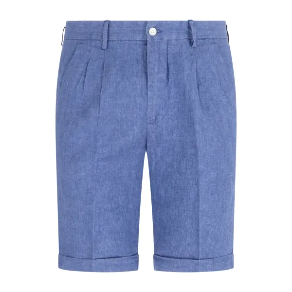Luca Bertelli - Bermuda azzurra in lino tasca a filo con doppia pence loose fit