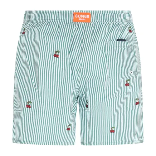 Sun68 - Bermuda mare verde a righe con ricamo ciliegia all over per uomo |