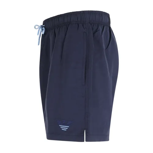 Emporio Armani - Bermuda mare blu con ricamo logo bicolore sul fronte per uomo
