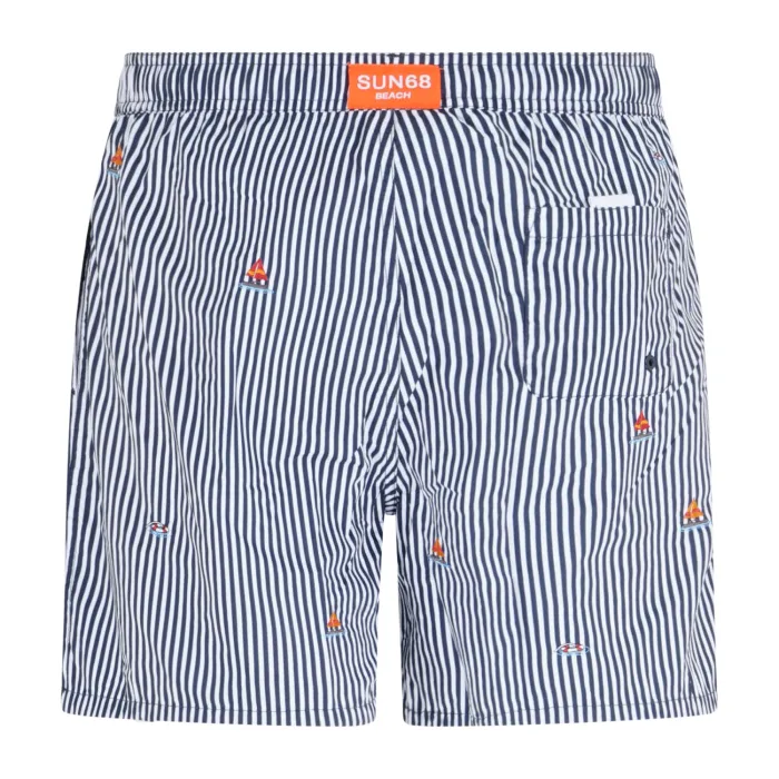 Sun68 - Bermuda mare blu a righe con ricamo barca a vela all over per uomo |