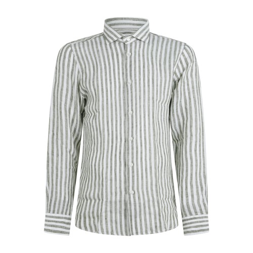 Lavorazione Sartoriale - Camicia bianca a righe verde in lino slim fit per uomo