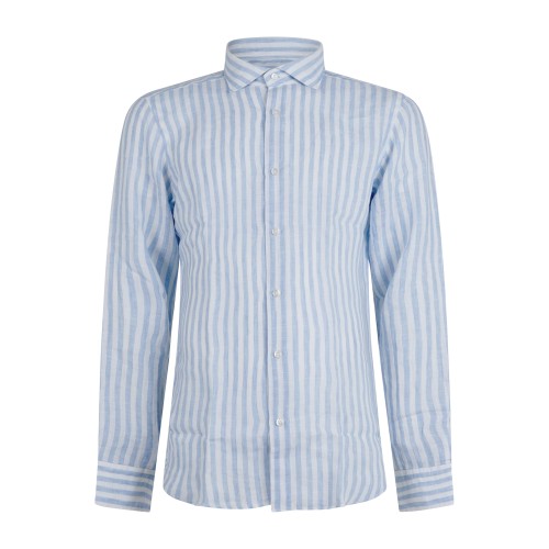 Lavorazione Sartoriale - Camicia bianca a righe celesti in lino slim fit per
