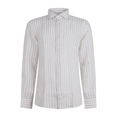 Lavorazione Sartoriale - Camicia bianca a righe beige in lino slim fit per uomo