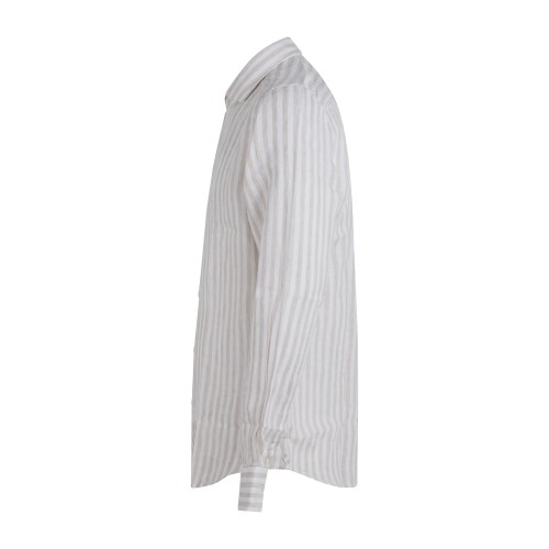 Lavorazione Sartoriale - Camicia bianca a righe beige in lino slim fit per uomo 2