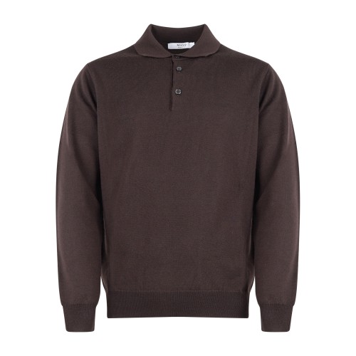 +39 Masq - Polo marrone manica lunga in lana merino extrafine per uomo |
