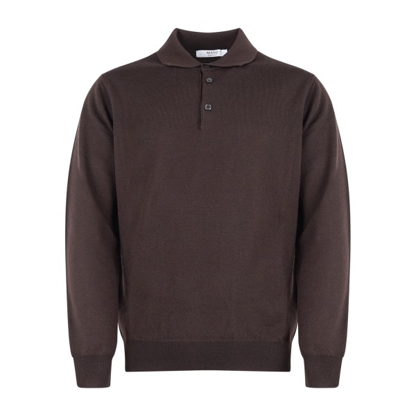 +39 Masq - Polo marrone manica lunga in lana merino extrafine per uomo |