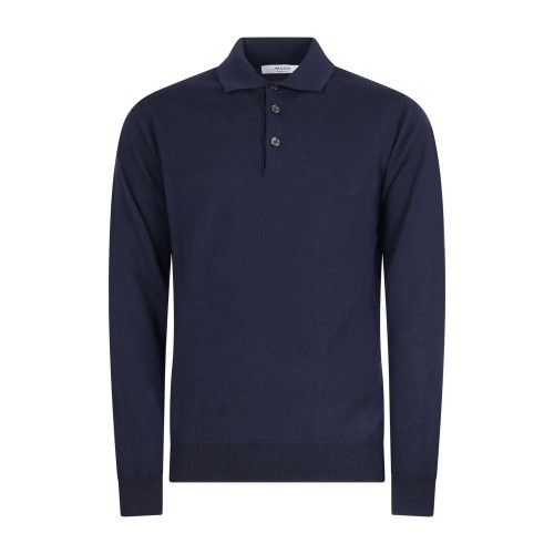 +39 Masq - Polo blu manica lunga in lana merino extrafine per uomo | m5625-5003
