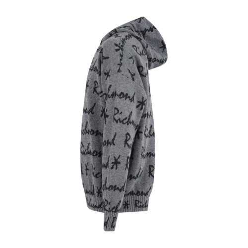 Richmond X - Maglione grigio Makrekis con cappuccio e logo allover in cashmere 2