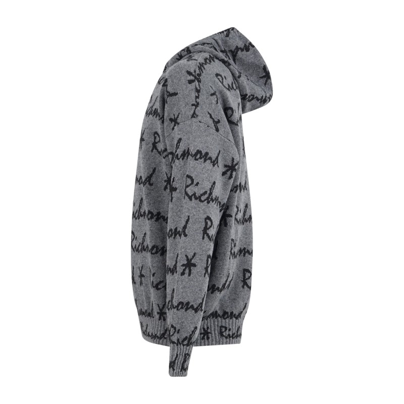 Richmond X - Maglione grigio Makrekis con cappuccio e logo allover in cashmere