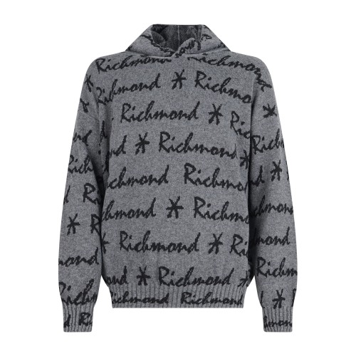 Richmond X - Maglione grigio Makrekis con cappuccio e logo allover in cashmere
