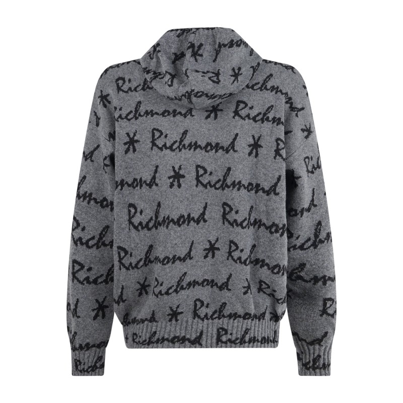Richmond X - Maglione grigio Makrekis con cappuccio e logo allover in cashmere