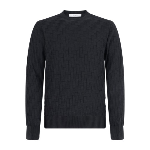 +39 Masq - Maglione girocollo nero in misto cotone e lana merino con