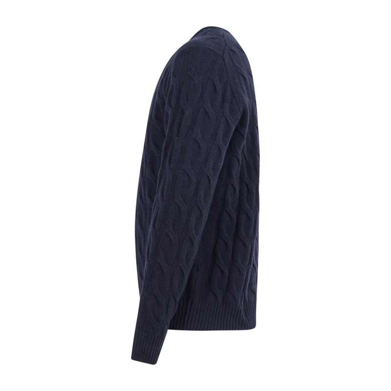 +39 Masq - Maglione girocollo blu in pura lana merino con lavorazione a treccia