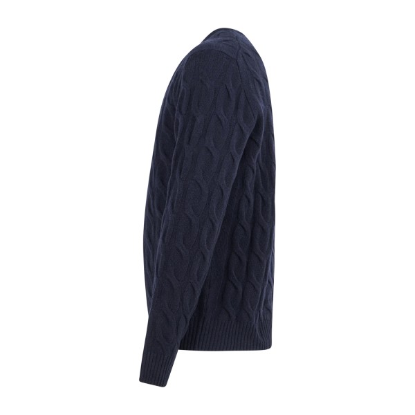 +39 Masq - Maglione girocollo blu in pura lana merino con lavorazione a treccia