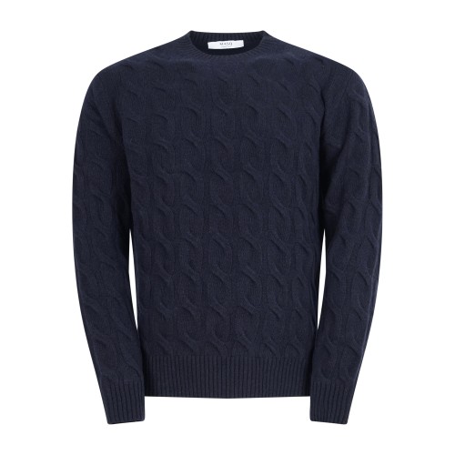 +39 Masq - Maglione girocollo blu in pura lana merino con lavorazione a treccia