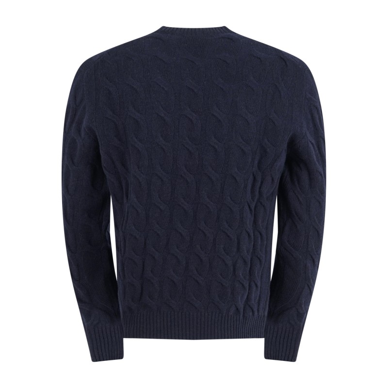 +39 Masq - Maglione girocollo blu in pura lana merino con lavorazione a treccia