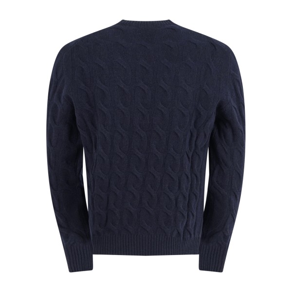 +39 Masq - Maglione girocollo blu in pura lana merino con lavorazione a treccia