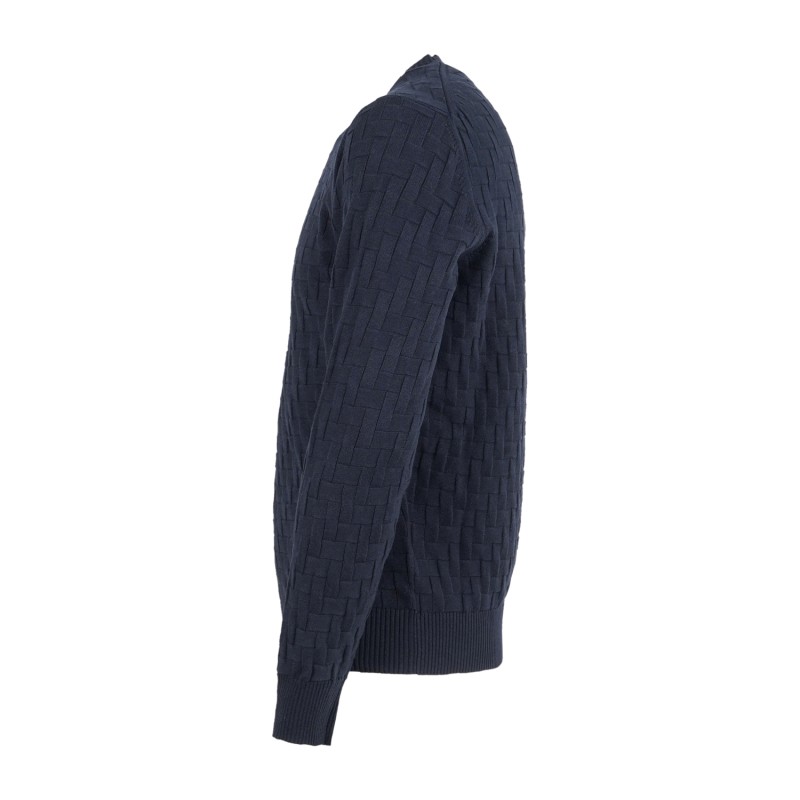 +39 Masq - Maglione girocollo blu in misto cotone e lana merino con lavorazione