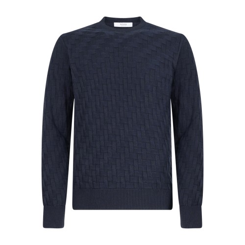 +39 Masq - Maglione girocollo blu in misto cotone e lana merino con lavorazione