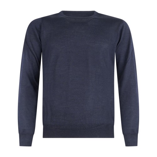 Gran Sasso - Maglione girocollo blu in lana vergine e seta per uomo | paricollo