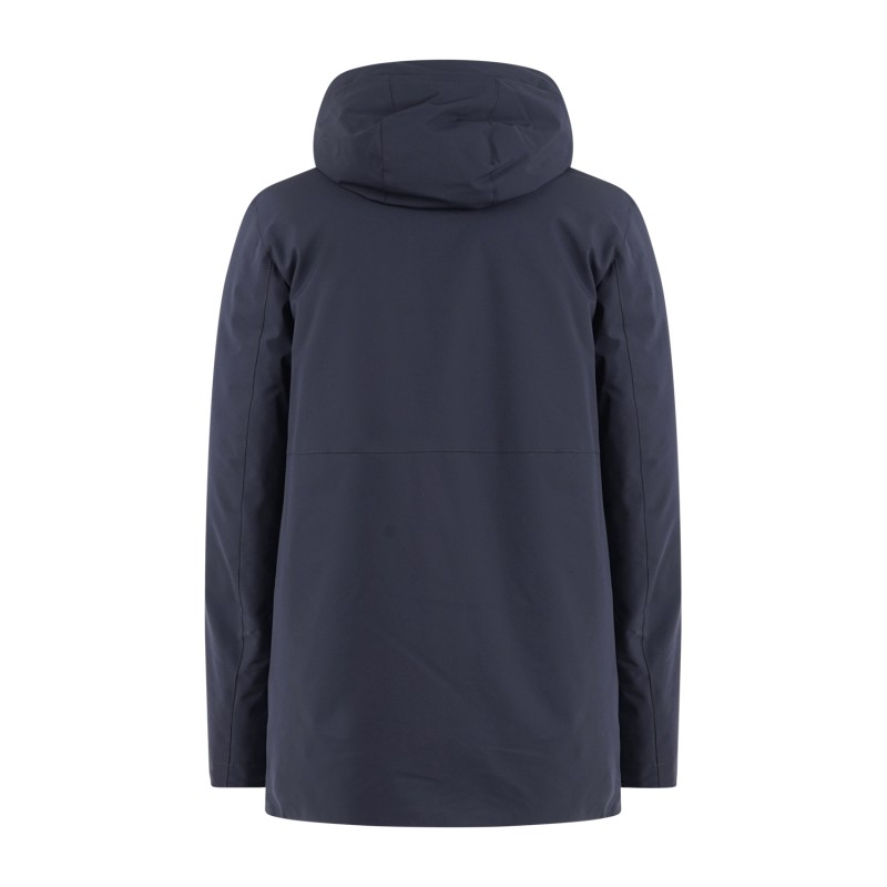 DUNO - Parka corto blu con doppio cappuccio in tessuto tecnico bi-stretch per