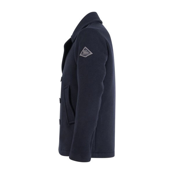 Roy Roger's - Cappotto corto blu doppiopetto in lana con patch logo per uomo |