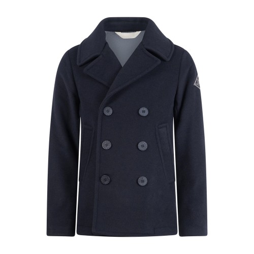 Roy Roger's - Cappotto corto blu doppiopetto in lana con patch logo per uomo |