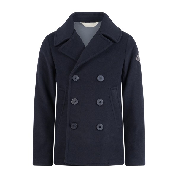 Roy Roger's - Cappotto corto blu doppiopetto in lana con patch logo per uomo |