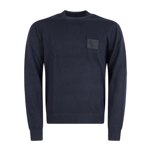 Armani Exchange - Maglione blu girocollo in un mix di filati con patch logo per