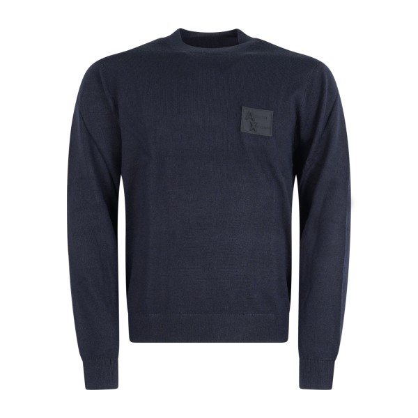 Armani Exchange - Maglione blu girocollo in un mix di filati con patch logo per