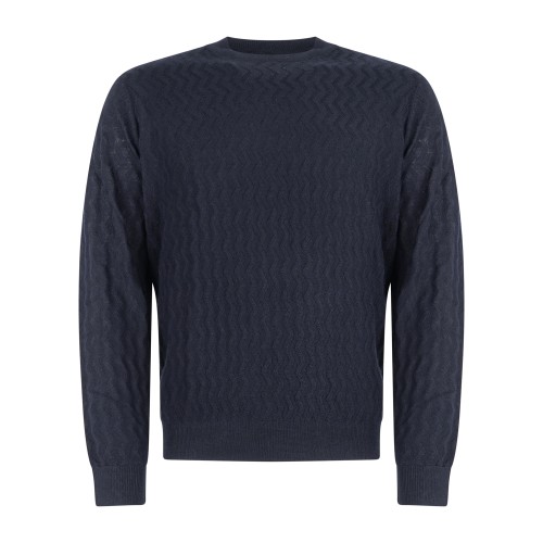 Armani Exchange - Maglione blu girocollo con lavorazione a texture ondulata per